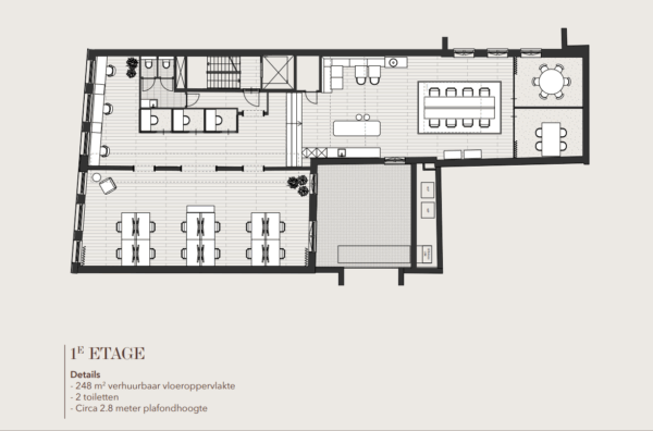 Plattegrond van de eerste etage van Rokin 175 met werkplekken, vergaderruimtes, keuken en toiletten.