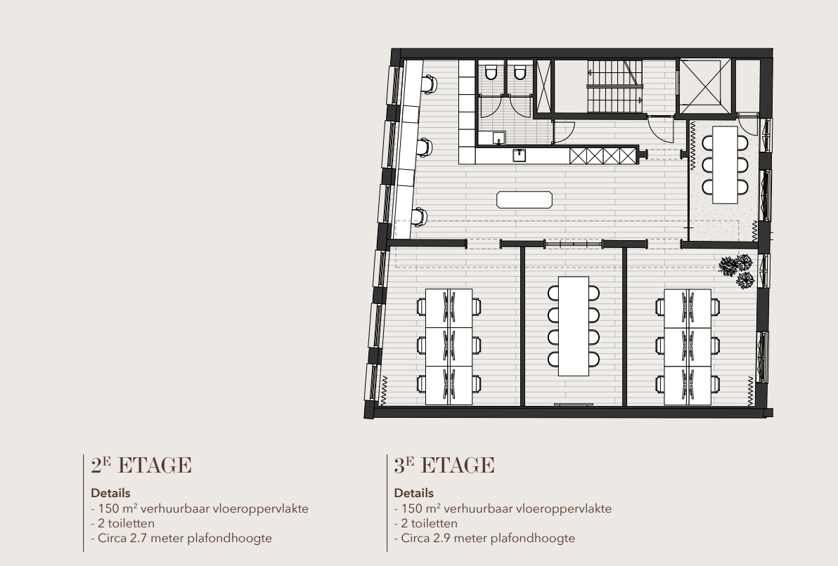 Plattegrond van de 2e en 3e etage van een kantoorpand aan het Rokin met werkruimtes, vergadertafels, toiletten en basisinformatie over verhuurbare oppervlakte en plafondhoogte.