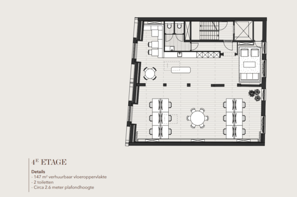 Plattegrond van de vierde etage van Rokin 175 met werkplekken, zithoeken, keuken en twee toiletten.