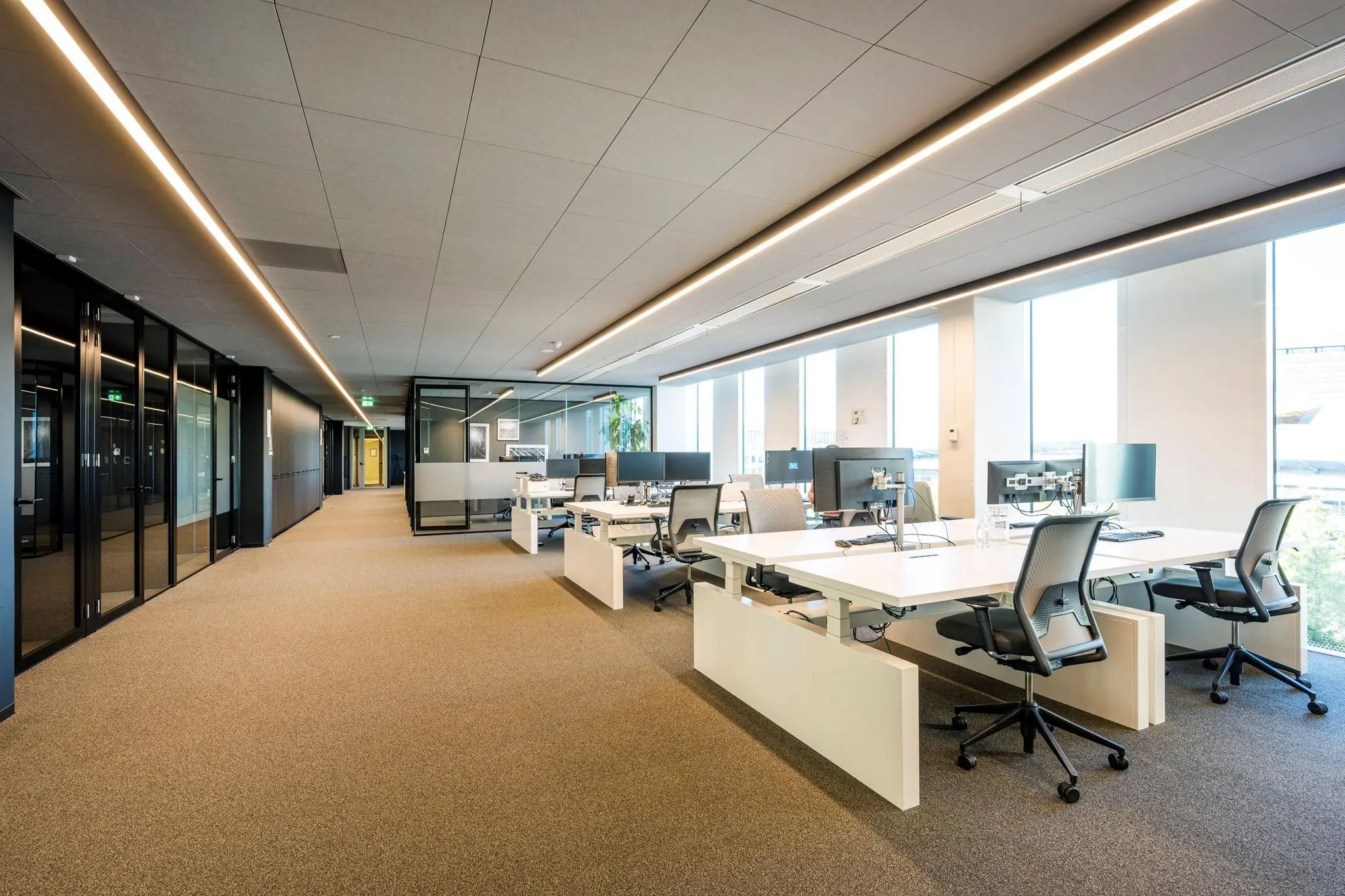 Moderne open kantoorruimte in kantoorgebouw Hoekenrode met werkplekken en glazen wanden.