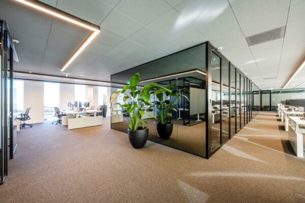 Modern kantoorinterieur in gebouw Hoekenrode met glazen vergaderruimte, open werkplekken en grote kamerplanten.