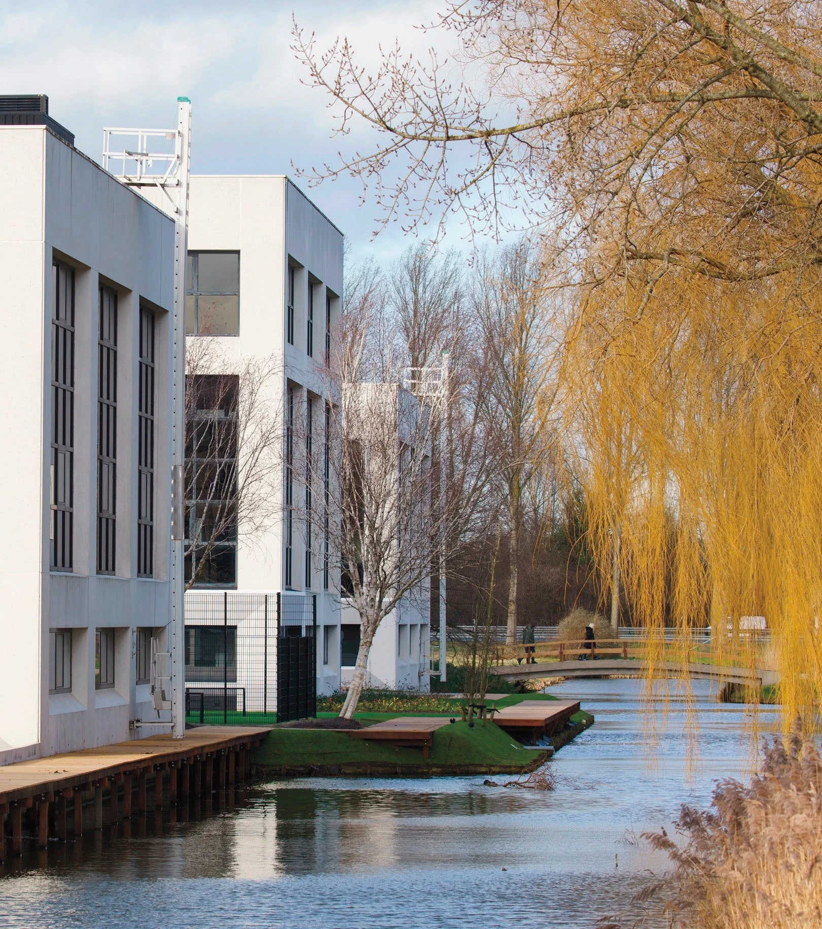 Modern office buildings along the Rietbaan canal with a footbridge and trees in early spring.
