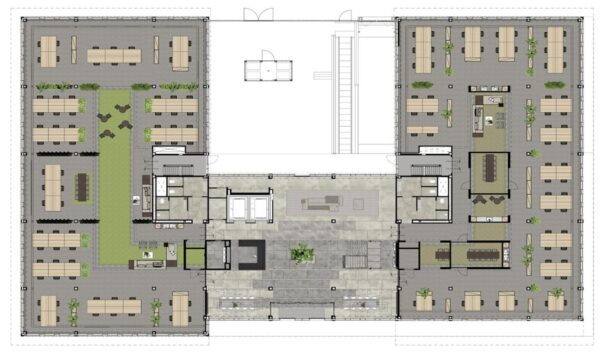 Plattegrond van een modern kantoorontwerp met werkplekken, vergaderruimtes en een groene binnentuin.