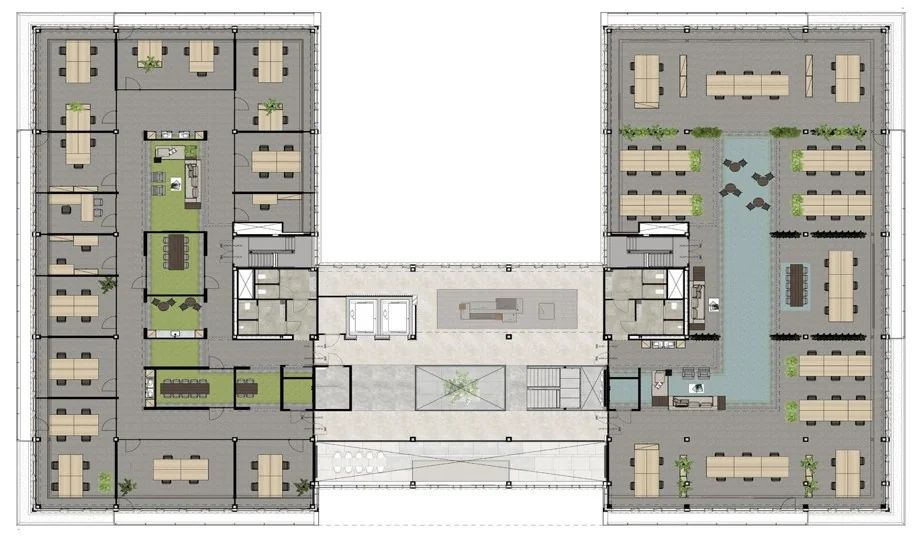 Plattegrond van een modern kantoorpand met open werkplekken, vergaderruimtes, loungegedeeltes en voorzieningen rondom een centrale hal.