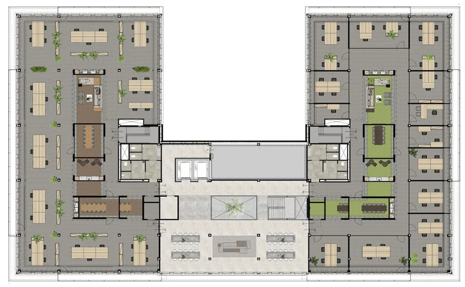 Plattegrond van een modern kantoorgebouw met open werkplekken, vergaderruimtes en ontspanningsruimtes, aangeduid als Walborg.