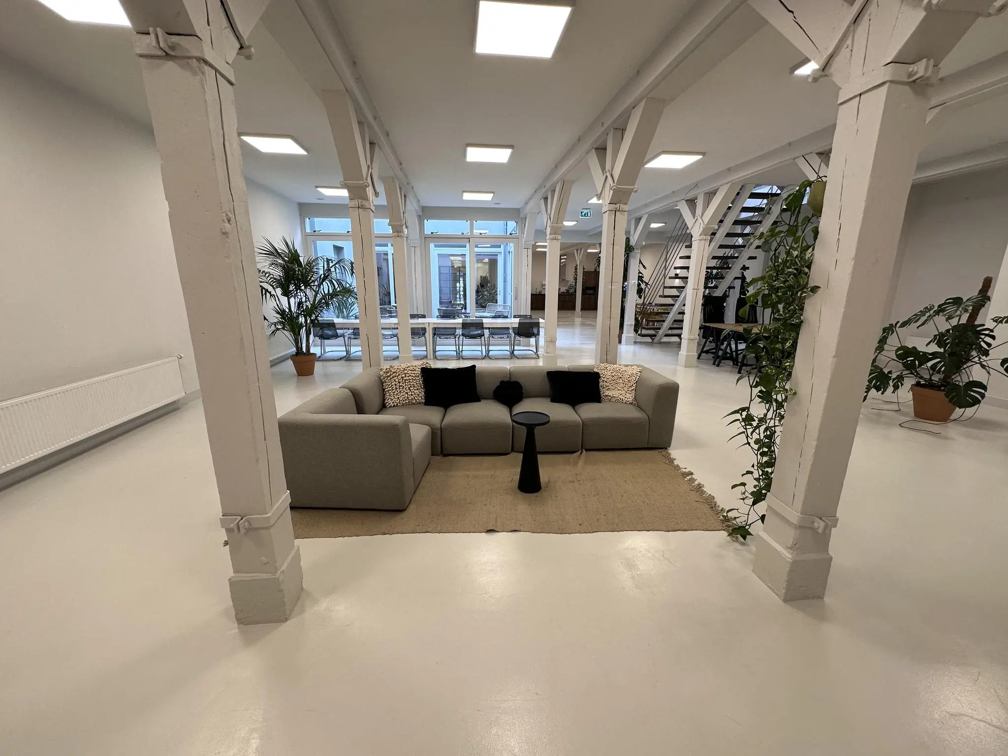 Moderne, open kantoorruimte aan de Bloemgracht met een grijze hoekbank, witte pilaren en veel groen.