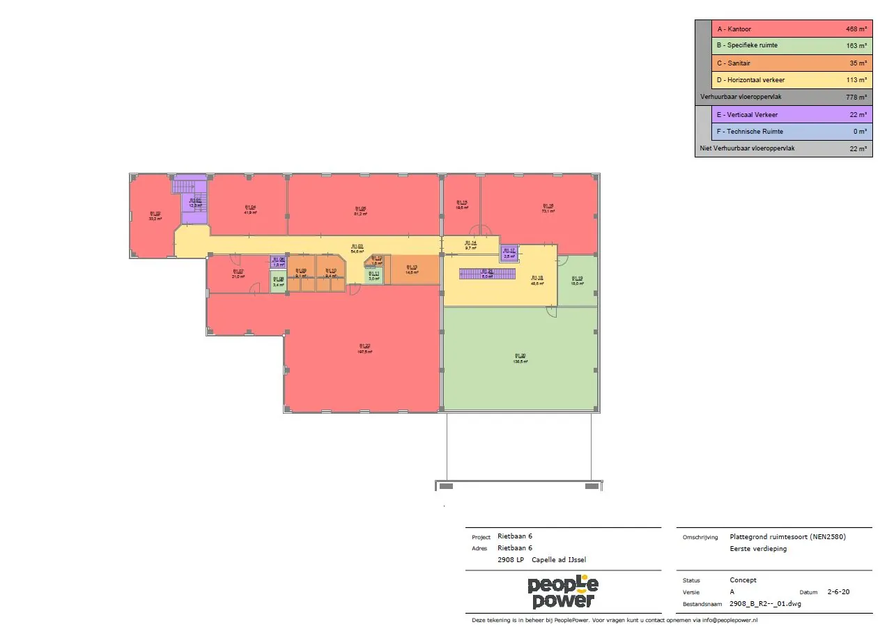 Floor plan of the first floor at Rietbaan 6 in Capelle aan den IJssel, showing office spaces, sanitary areas, technical rooms, and circulation zones color-coded by function.