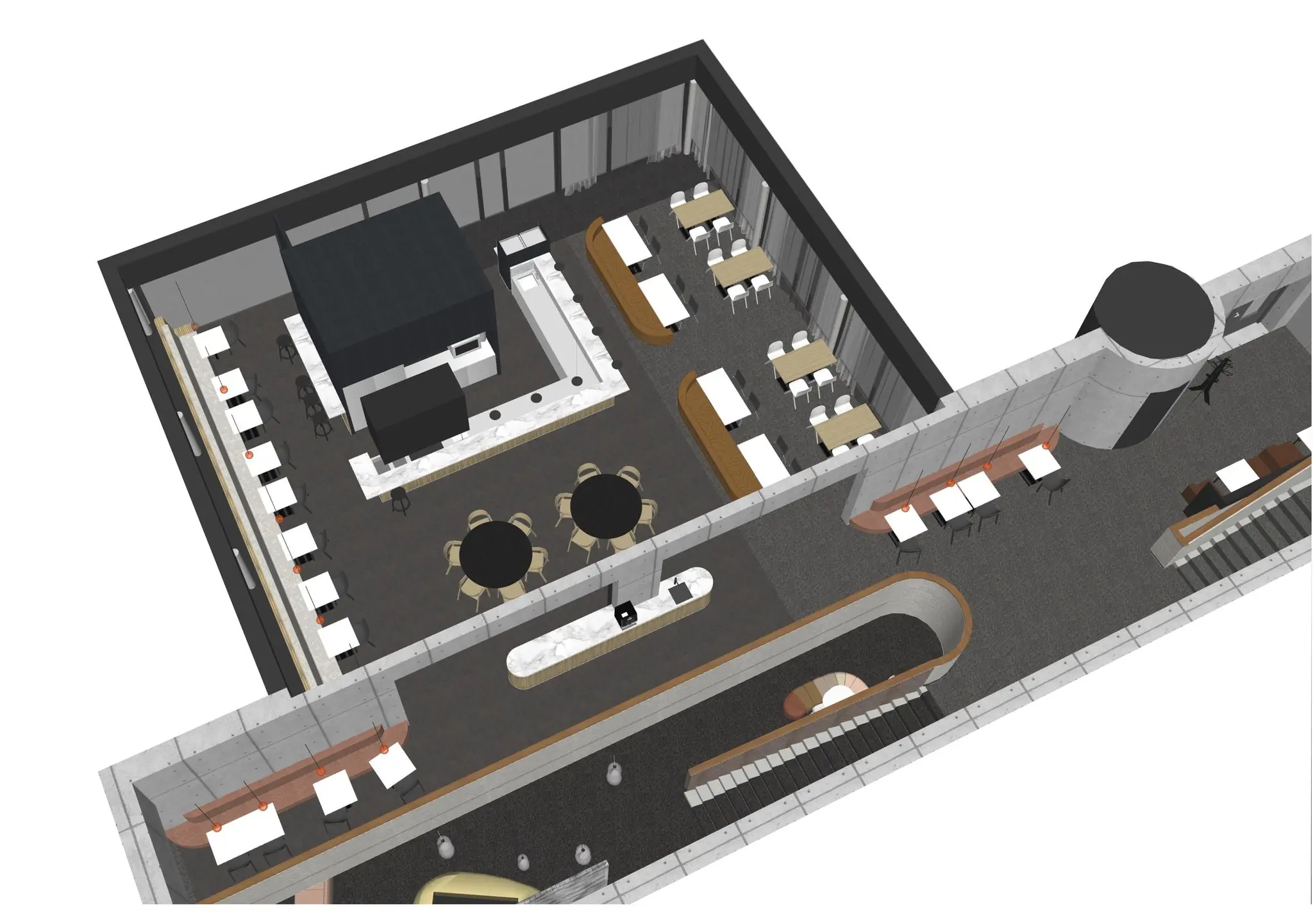 3D-interieurvisualisatie van een modern bedrijfsrestaurant aan de Orteliuslaan, met zitgedeeltes, bar en keukenruimte.