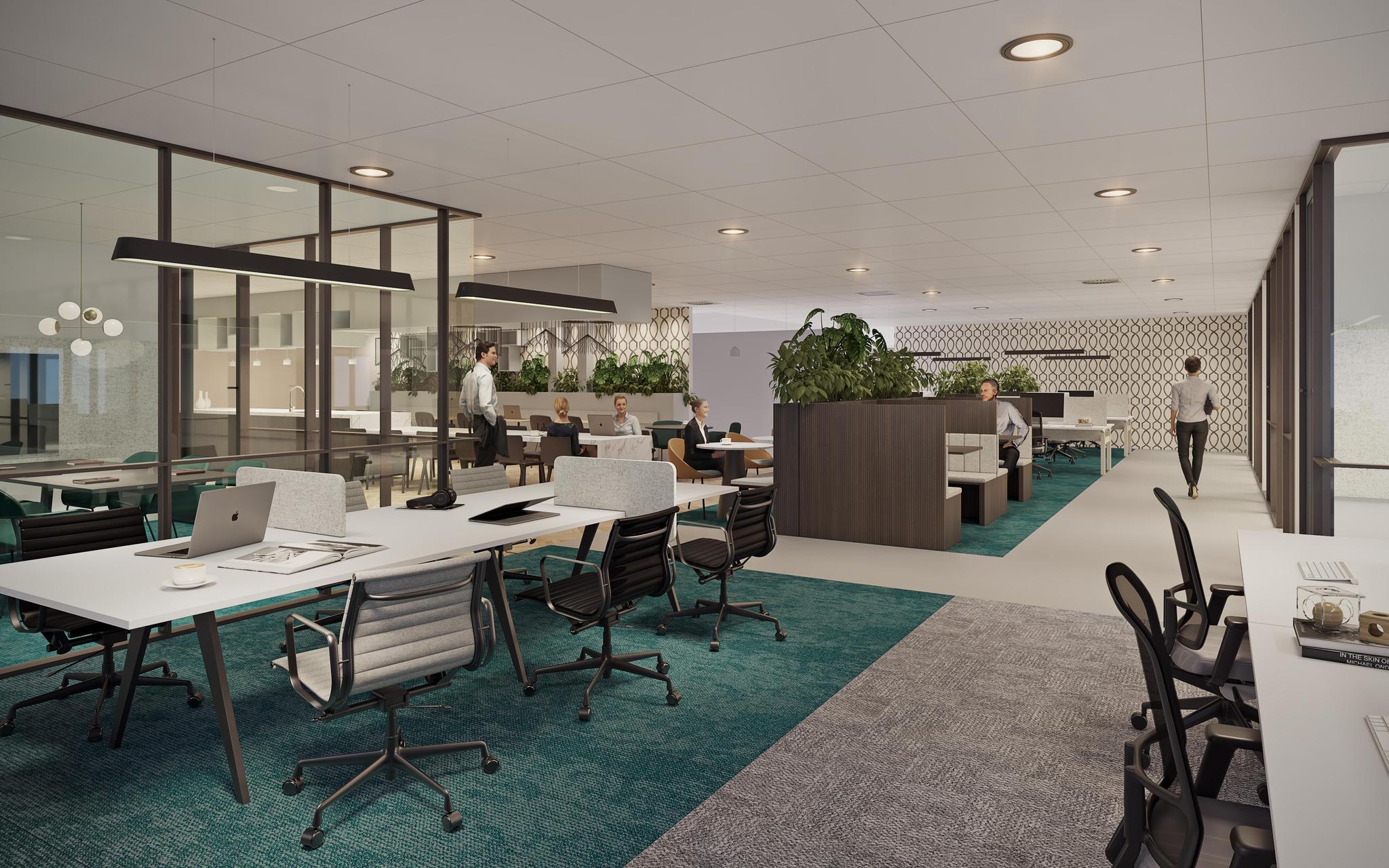 Moderne kantoortuin aan de Prof. E.M. Meijerslaan met open werkplekken, overlegruimtes en veel groen.