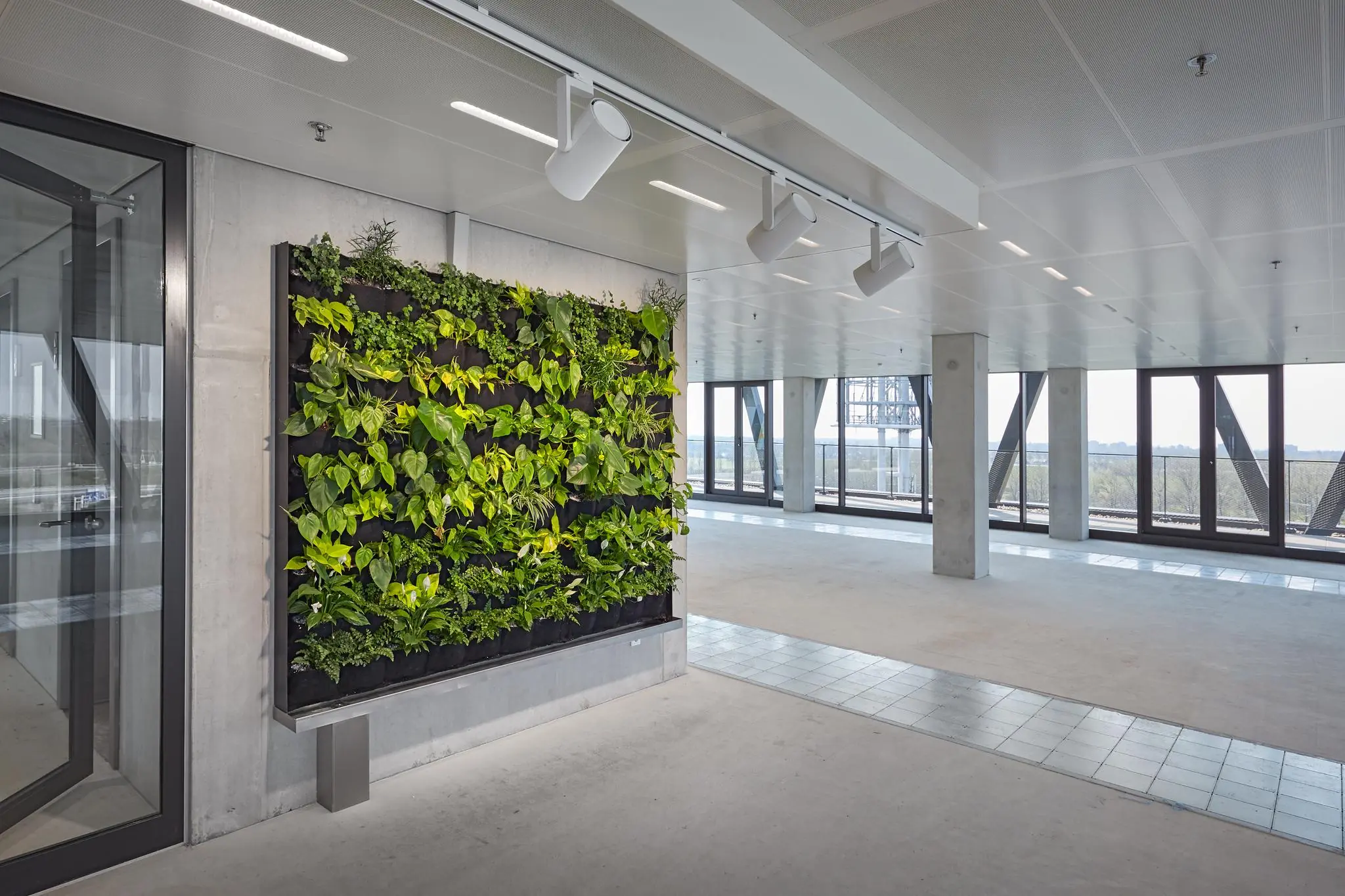 Licht en modern kantoorinterieur aan de Joan Muyskenweg met een groene plantenwand en grote ramen.