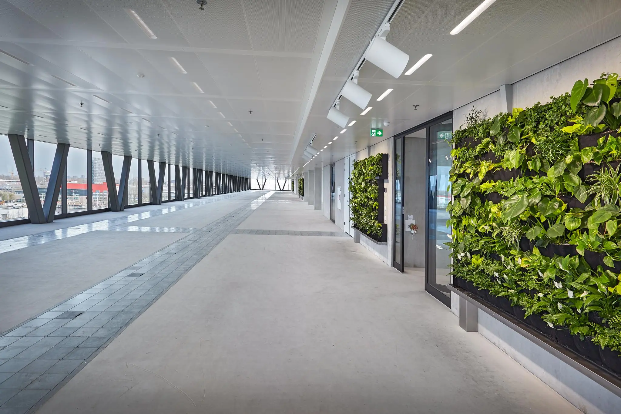 Moderne overdekte wandelgang aan de Joan Muyskenweg met grote ramen en groene plantenwanden.