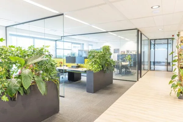 Modern kantoorinterieur aan de Tupolevlaan met glazen vergaderruimtes, werkplekken en veel groene planten.