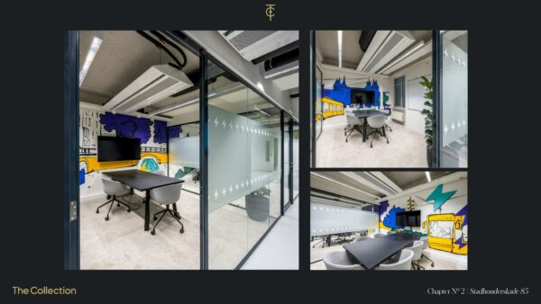 Moderne vergaderruimte aan de Stadhouderskade 85 met glazen wanden en kleurrijke muurschilderingen van Amsterdamse stadsgezichten.