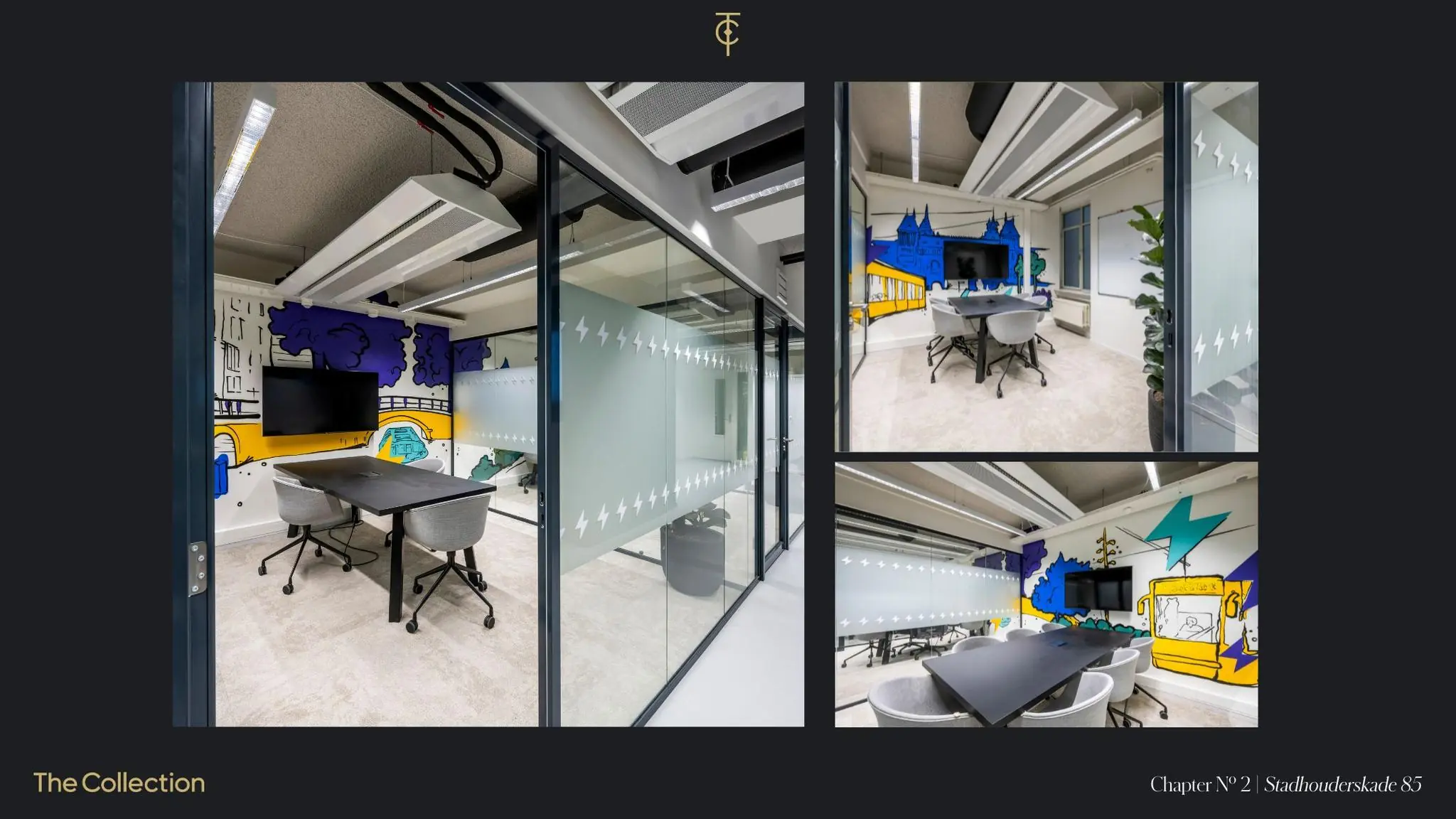 Moderne vergaderruimte aan de Stadhouderskade 85 met glazen wanden en kleurrijke muurschilderingen van Amsterdamse stadsgezichten.