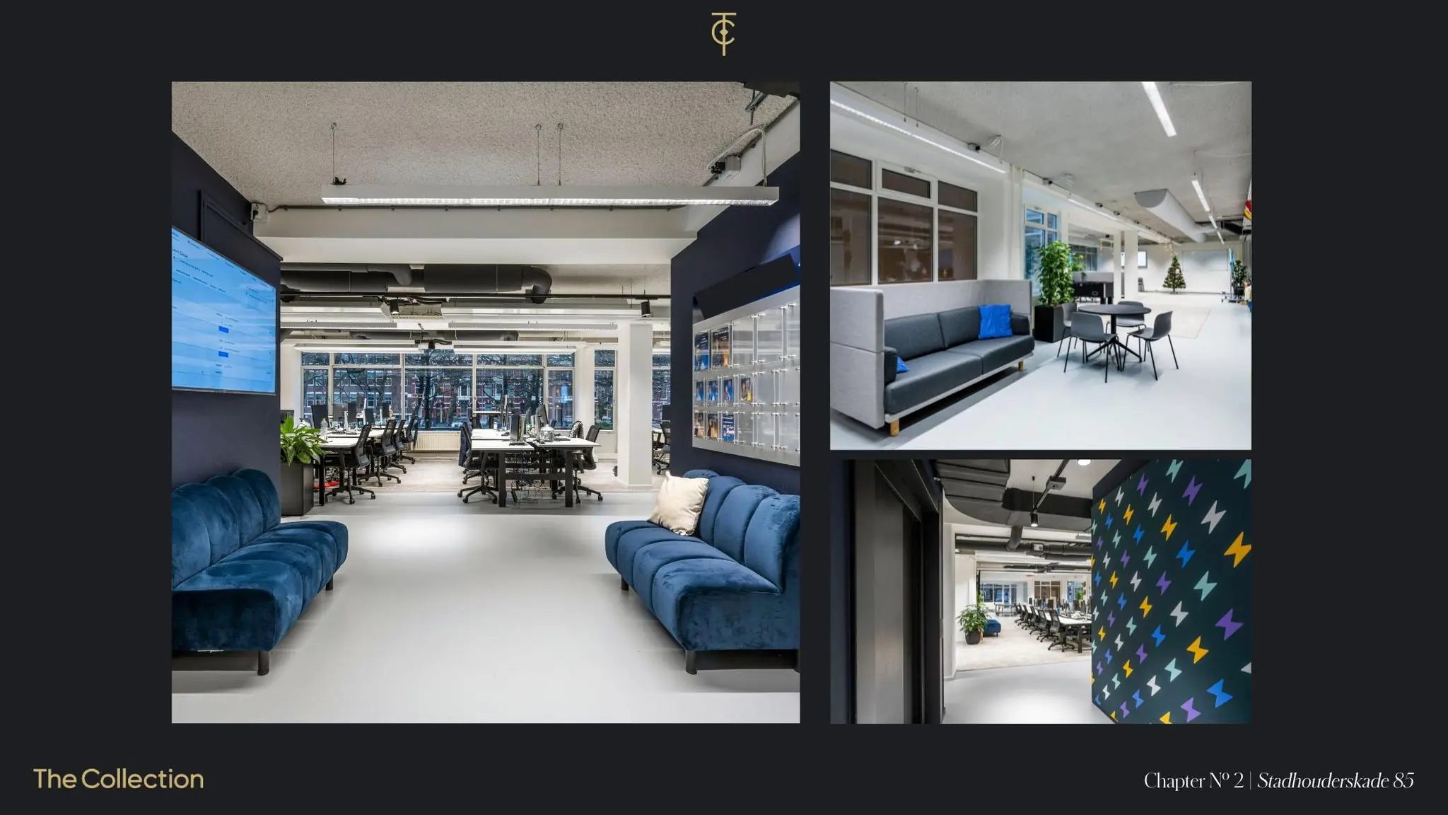 Modern ingericht kantoorinterieur aan de Stadhouderskade 85 met stijlvolle werkplekken, kleurrijke accenten en comfortabele zithoeken.