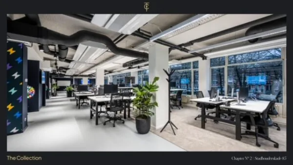 Modern en licht kantoorpand aan de Stadhouderskade 85 met open werkplekken, grote ramen en industriële afwerking.