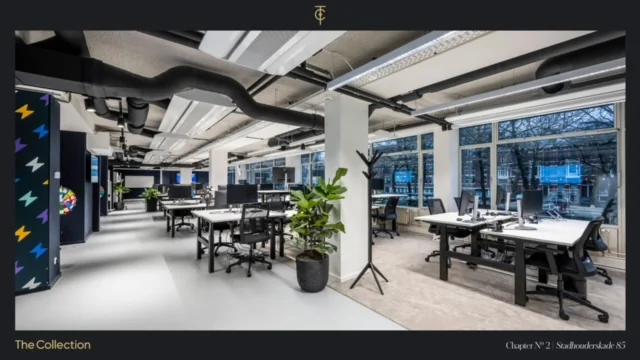 Modern en licht kantoorpand aan de Stadhouderskade 85 met open werkplekken, grote ramen en industriële afwerking.