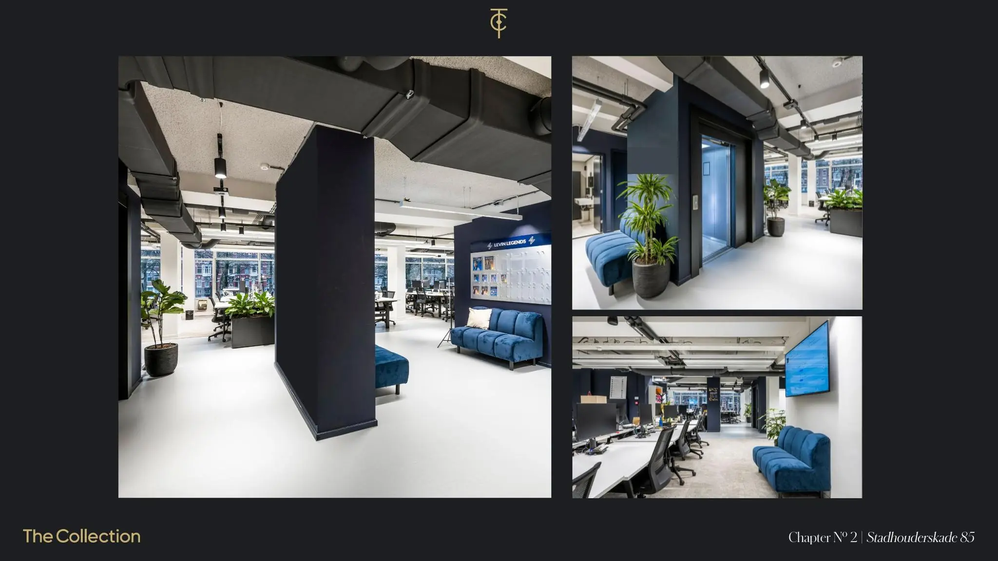 Modern kantoorinterieur aan de Stadhouderskade 85 met open werkplekken, blauwe zitbanken en veel natuurlijk licht.