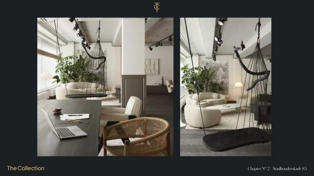 Modern ingericht interieur aan de Stadhouderskade 85 met een hangstoel, designmeubels en veel groen.