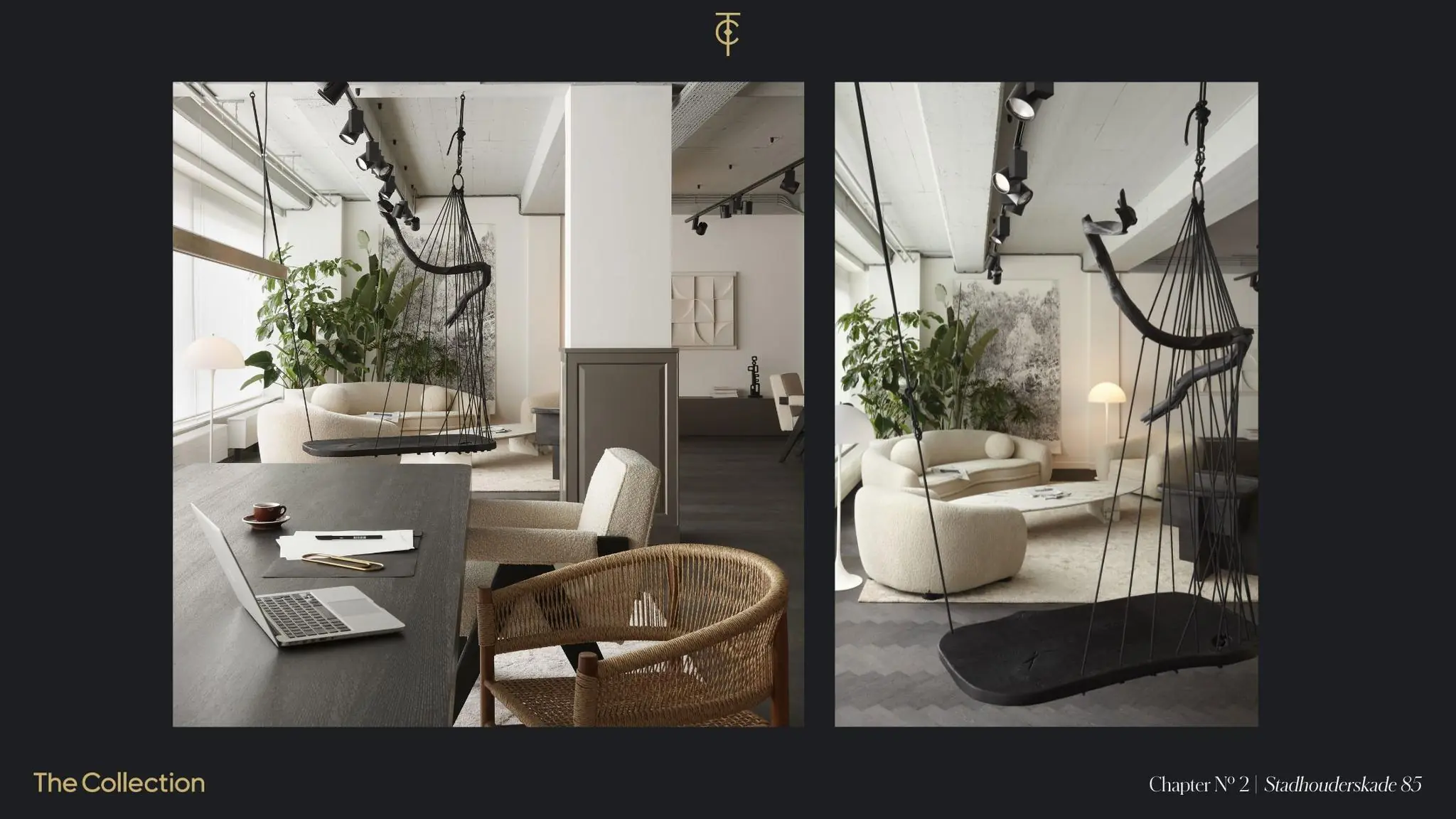 Modern ingericht interieur aan de Stadhouderskade 85 met een hangstoel, designmeubels en veel groen.