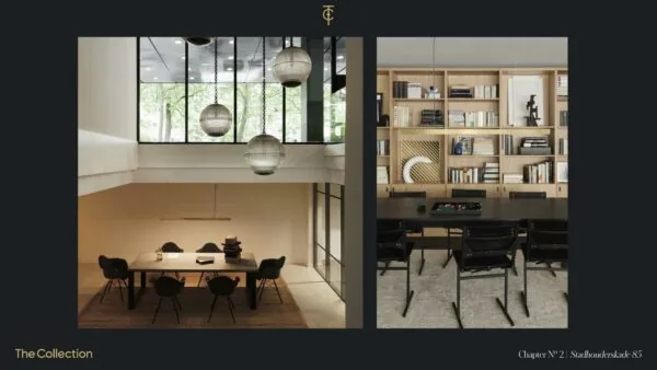 Luxe ingerichte kantoorruimte aan de Stadhouderskade met moderne meubels, grote ramen en stijlvolle verlichting.