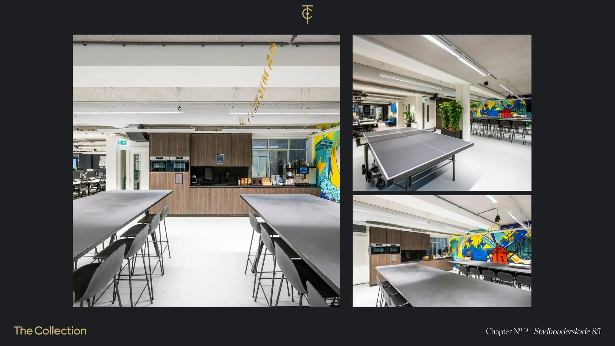 Moderne, kleurrijk ingerichte bedrijfskantine aan de Stadhouderskade 85 met lange tafels, een tafeltennistafel en een opvallende muurschildering.