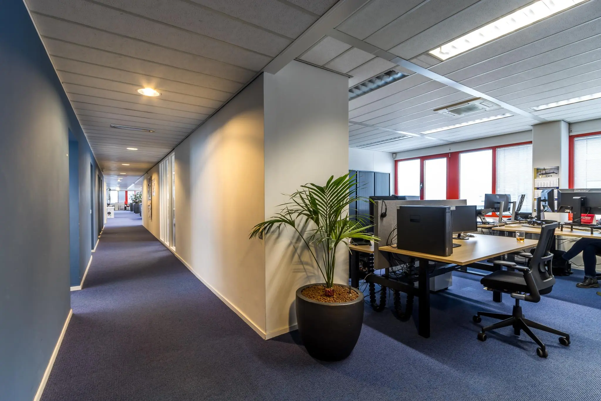 Moderne kantoorruimte aan de Savannahweg met open werkplekken, blauwe vloerbedekking en een lange gang.