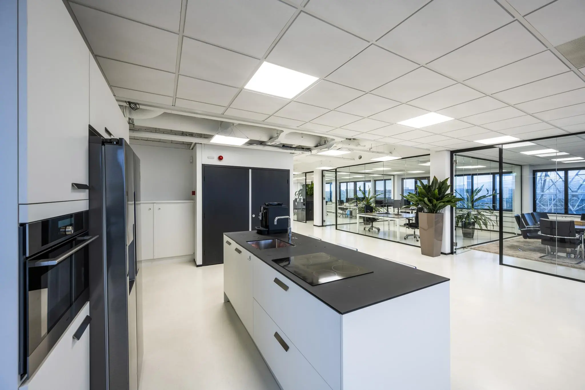 Moderne kantoorkeuken aan de Savannahweg met strakke inrichting en glazen wanden naar vergaderruimtes.