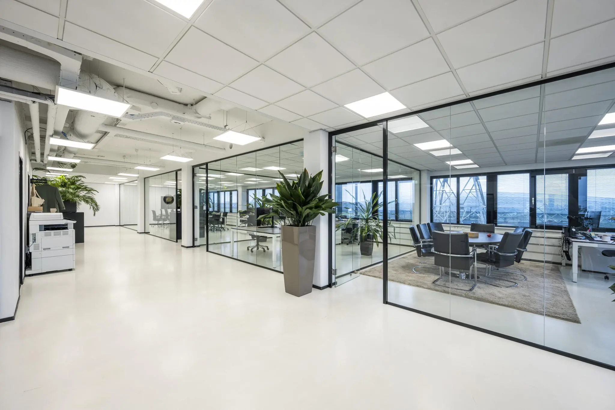 Modern kantoorinterieur aan de Savannahweg met glazen vergaderruimtes, witte vloeren en groene planten.