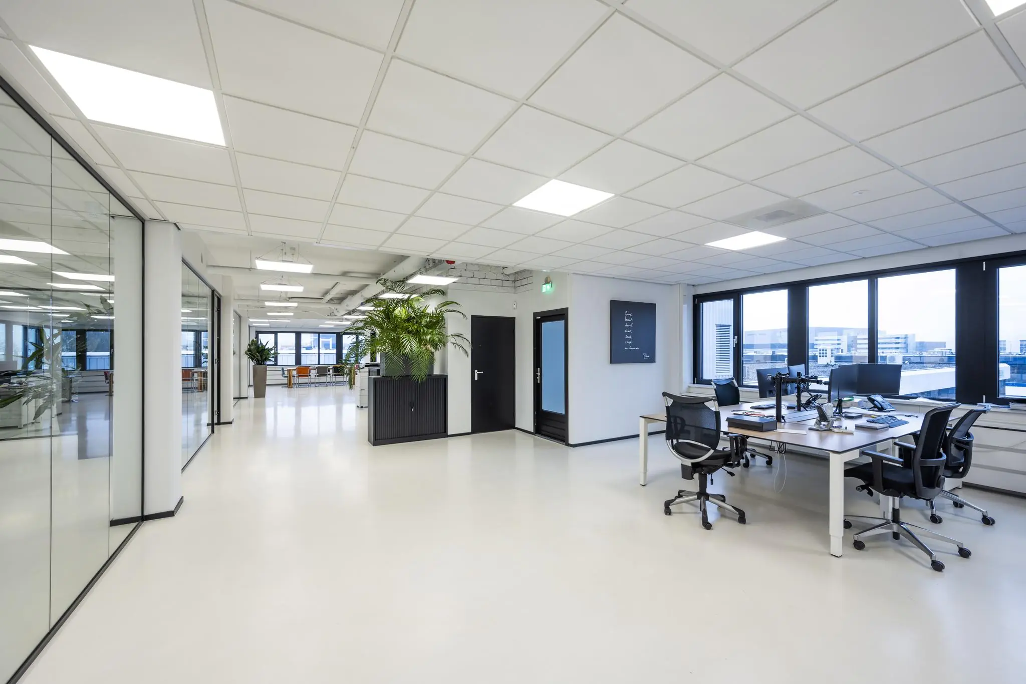 Moderne, lichte kantoorruimte aan de Savannahweg met bureaus, kantoorstoelen, grote ramen en planten ter decoratie.