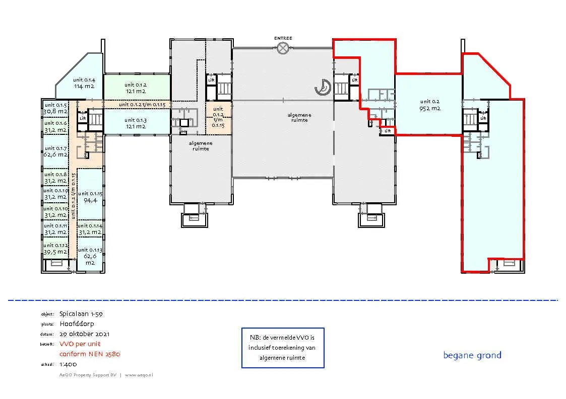 Plattegrond van de begane grond van het bedrijfsverzamelgebouw aan de Spicalaan 1-59 in Hoofddorp met verschillende units en algemene ruimtes.