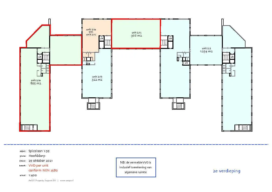 Plattegrond van de tweede verdieping van een kantoorgebouw aan de Spicalaan 7-59 in Hoofddorp, met diverse units en oppervlakten weergegeven.
