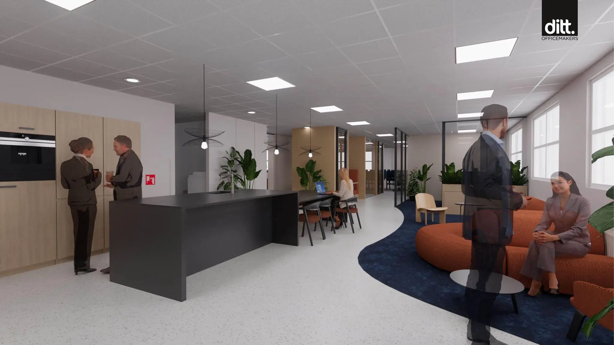 Modern kantoorinterieur aan de Spicalaan met open werkplekken, zithoeken en een koffiecorner.