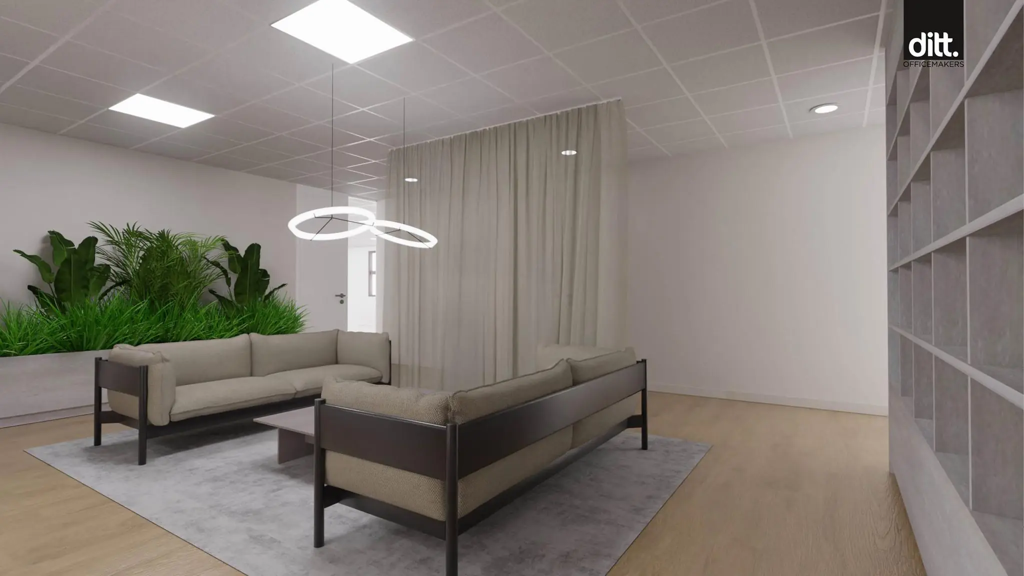Moderne wachtruimte aan de Spicalaan met beige zitbanken, groene plantenwand en minimalistische verlichting.