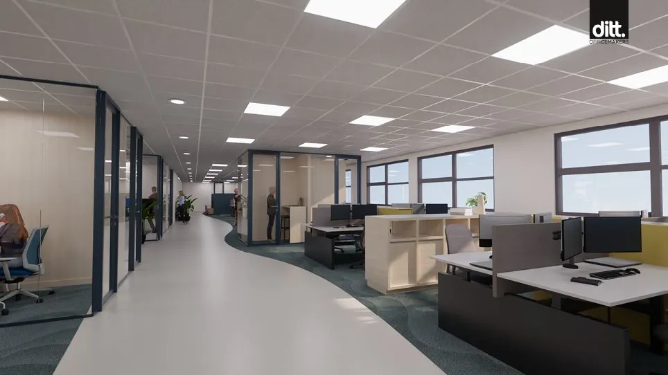 Modern kantoorinterieur aan de Spicalaan met open werkplekken, glazen vergaderruimtes en een gebogen gangpad.