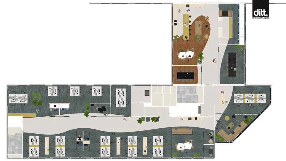 Plattegrond van een modern kantoor aan de Spicalaan, ontworpen door Ditt. Officemakers, met open werkplekken, vergaderruimtes en loungeruimtes.