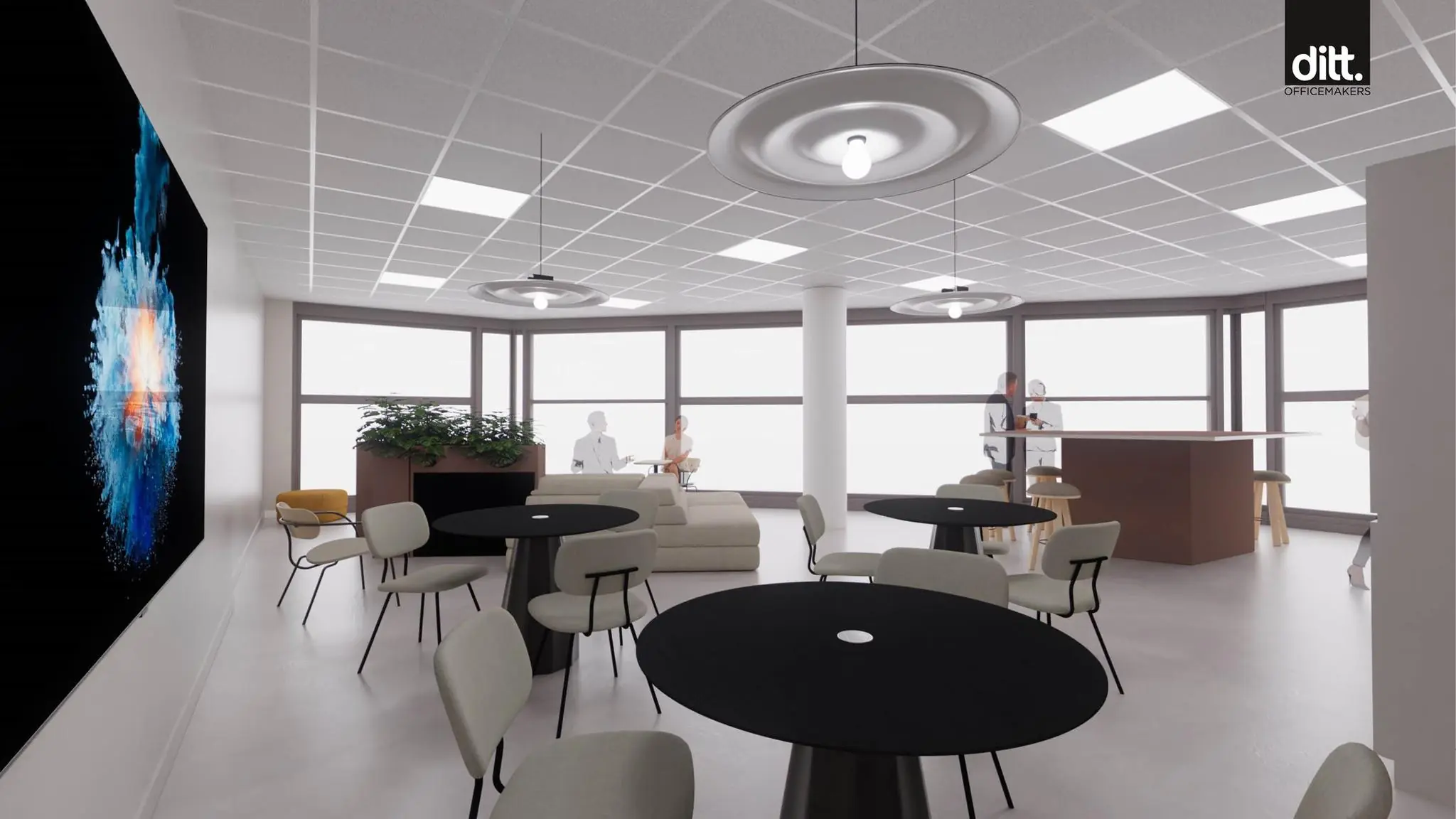 Modern ingerichte kantoorlounge aan de Spicalaan met zitjes, ronde tafels en een koffiebar.