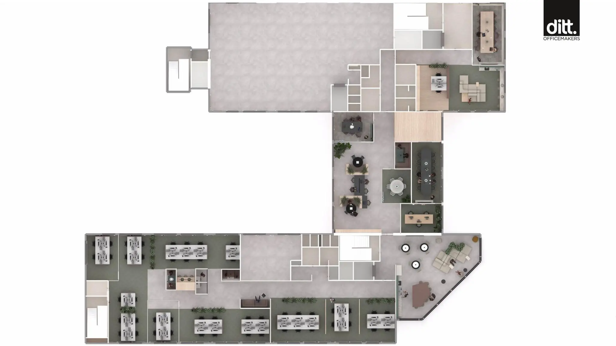 Plattegrond van een modern kantoor aan de Spicalaan met open werkplekken, vergaderruimtes en loungegedeeltes, ontworpen door Ditt Officemakers.