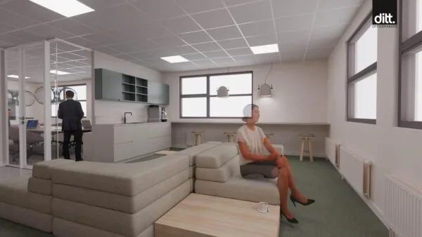 Moderne kantoorruimte aan de Spicalaan met loungehoek, open keuken en glazen vergaderruimte.