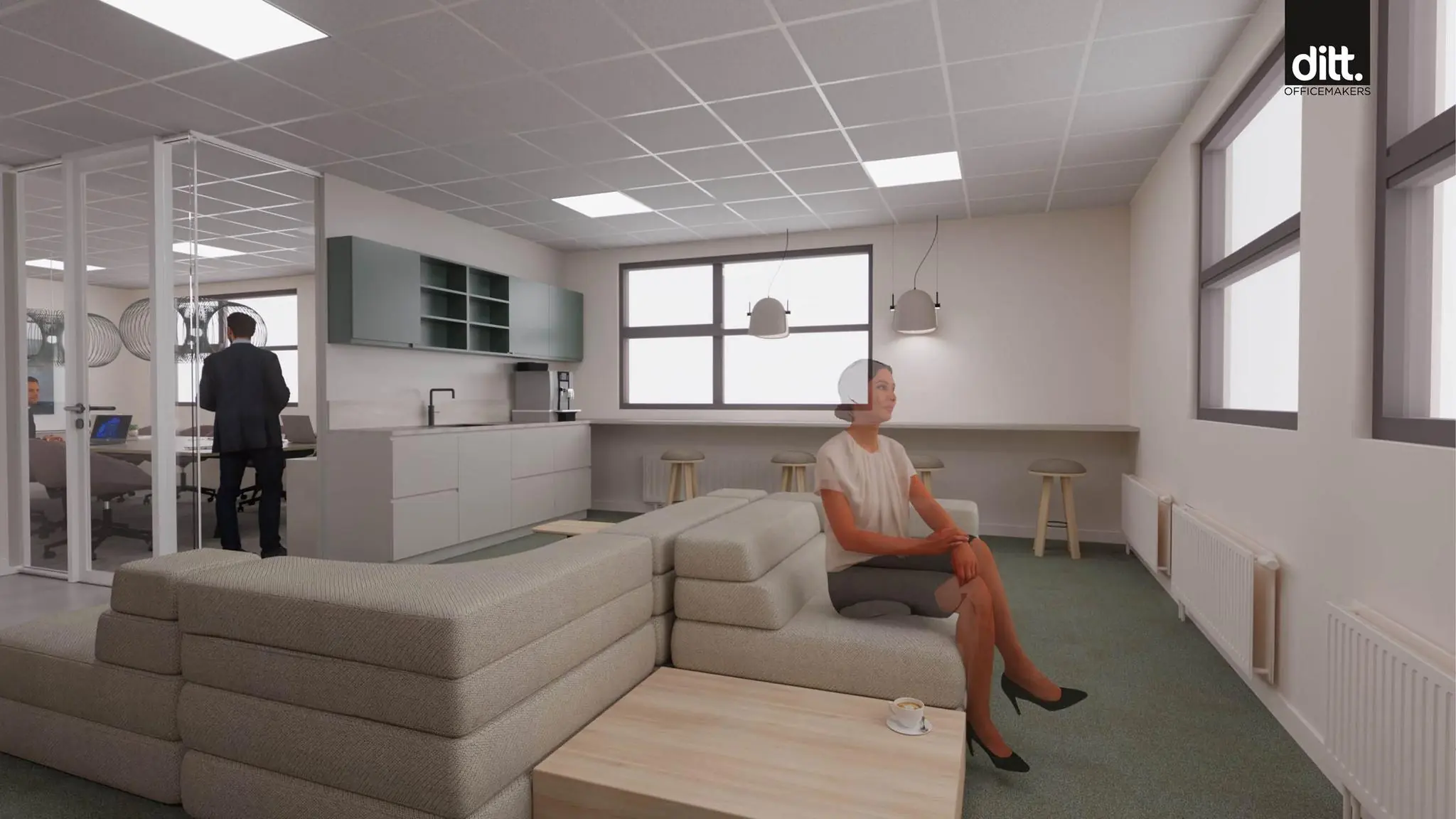 Moderne kantoorruimte aan de Spicalaan met loungehoek, open keuken en glazen vergaderruimte.