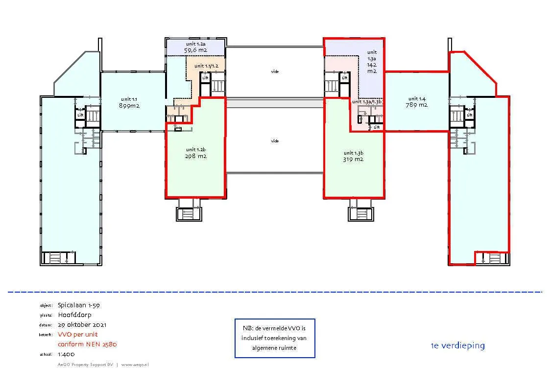 Plattegrond van de eerste verdieping van het kantoorgebouw aan de Spicalaan 1-59 te Hoofddorp met ingetekende units en oppervlaktevermeldingen.