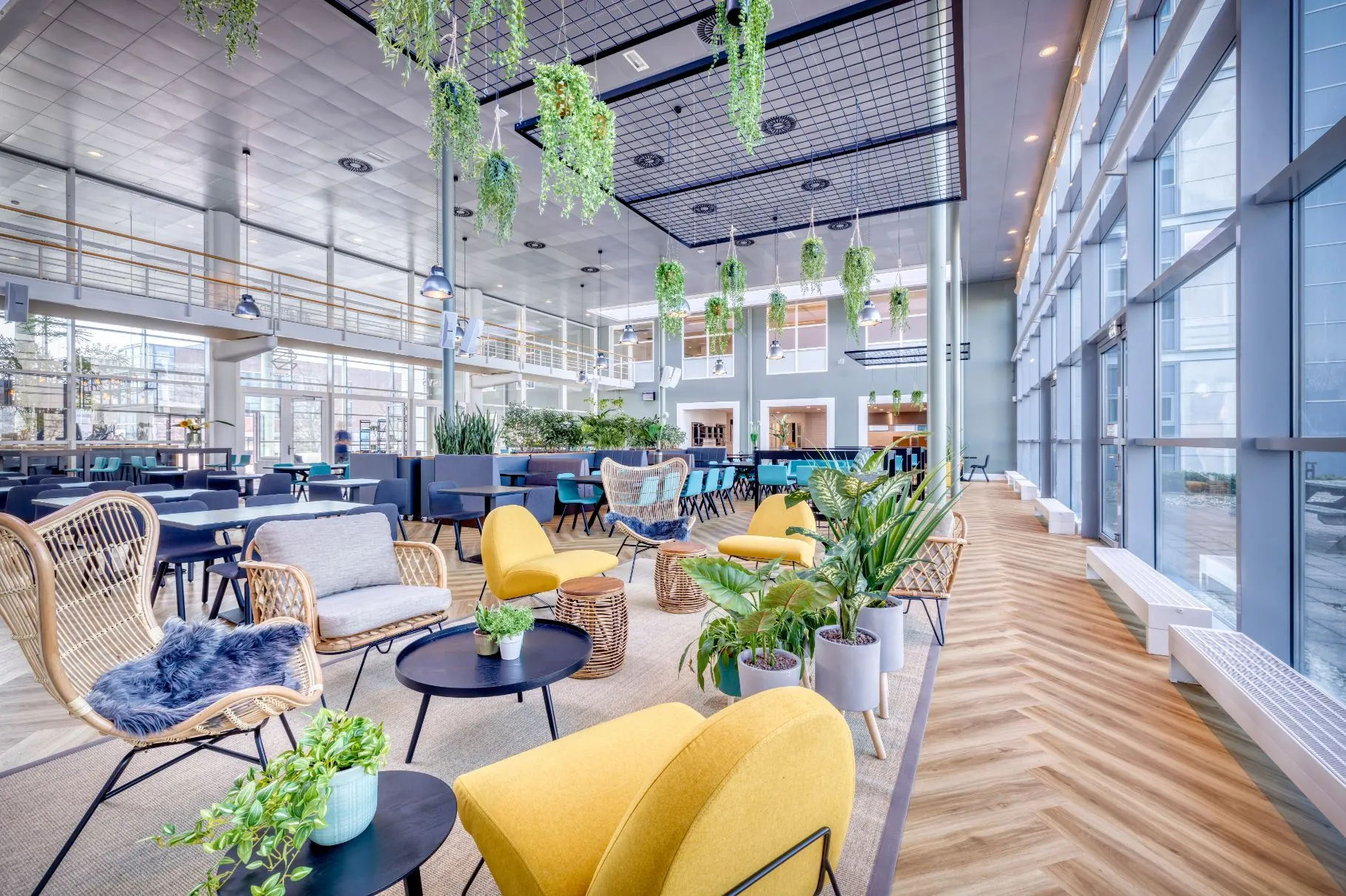 Moderne en sfeervolle loungeruimte aan de Spicalaan met veel daglicht, kleurrijke stoelen, planten en een open, groene inrichting.