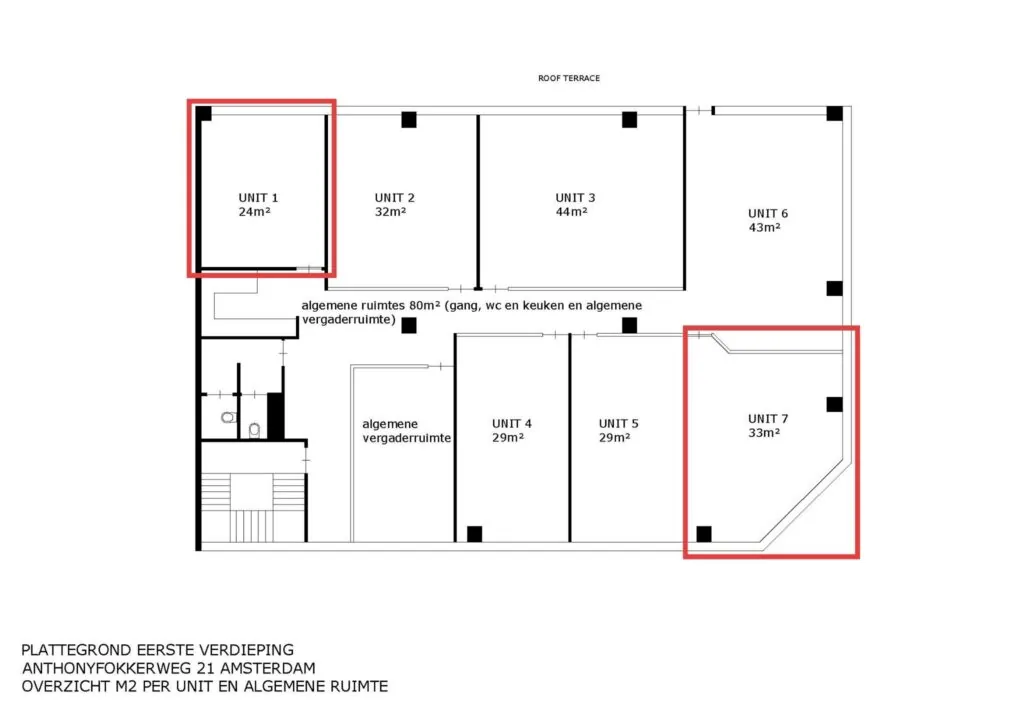 Plattegrond van de eerste verdieping aan de Anthony Fokkerweg 21 in Amsterdam met indeling en oppervlakte van zeven units en algemene ruimtes.