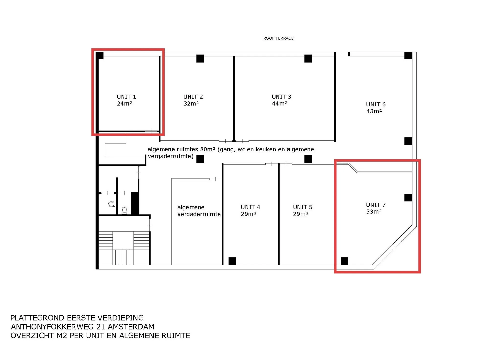 Plattegrond van de eerste verdieping aan de Anthony Fokkerweg 21 in Amsterdam met indeling en oppervlakte van zeven units en algemene ruimtes.