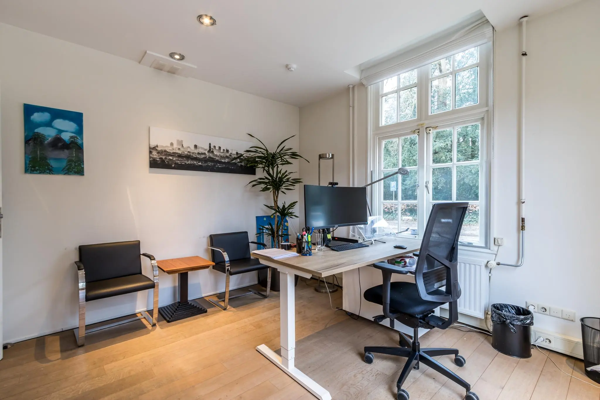 Modern ingericht kantoor aan de Driebergseweg met een bureau, bureaustoel, wachtruimte en groot raam met uitzicht op groen.