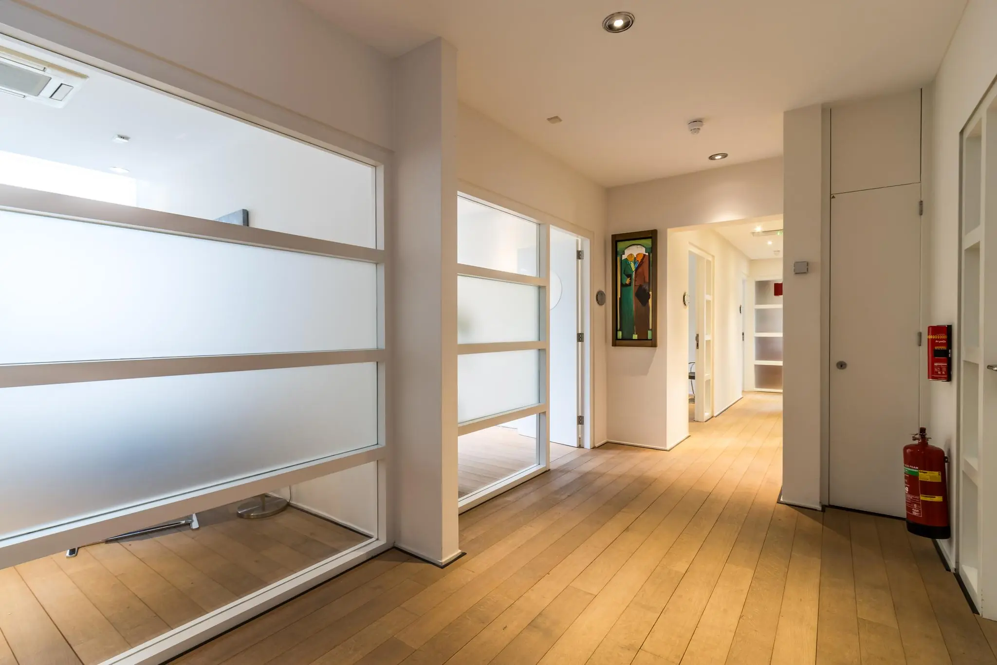 Moderne, lichte gang met houten vloer, matte glazen scheidingswanden en een kunstwerk aan de muur in een pand aan de Driebergseweg.