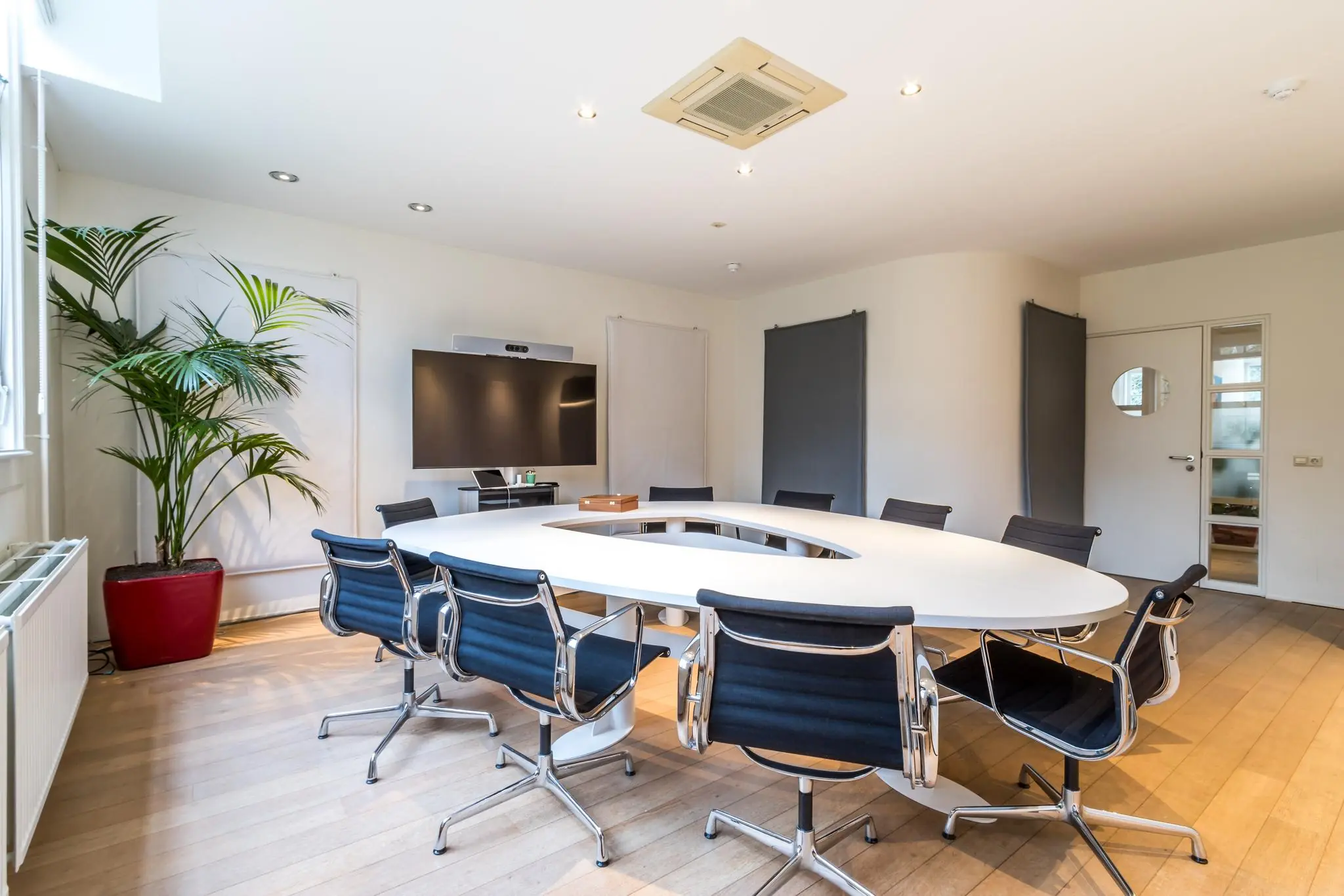 Moderne vergaderruimte aan de Driebergseweg met ovale tafel, zwarte stoelen, groot scherm en een grote kamerplant.