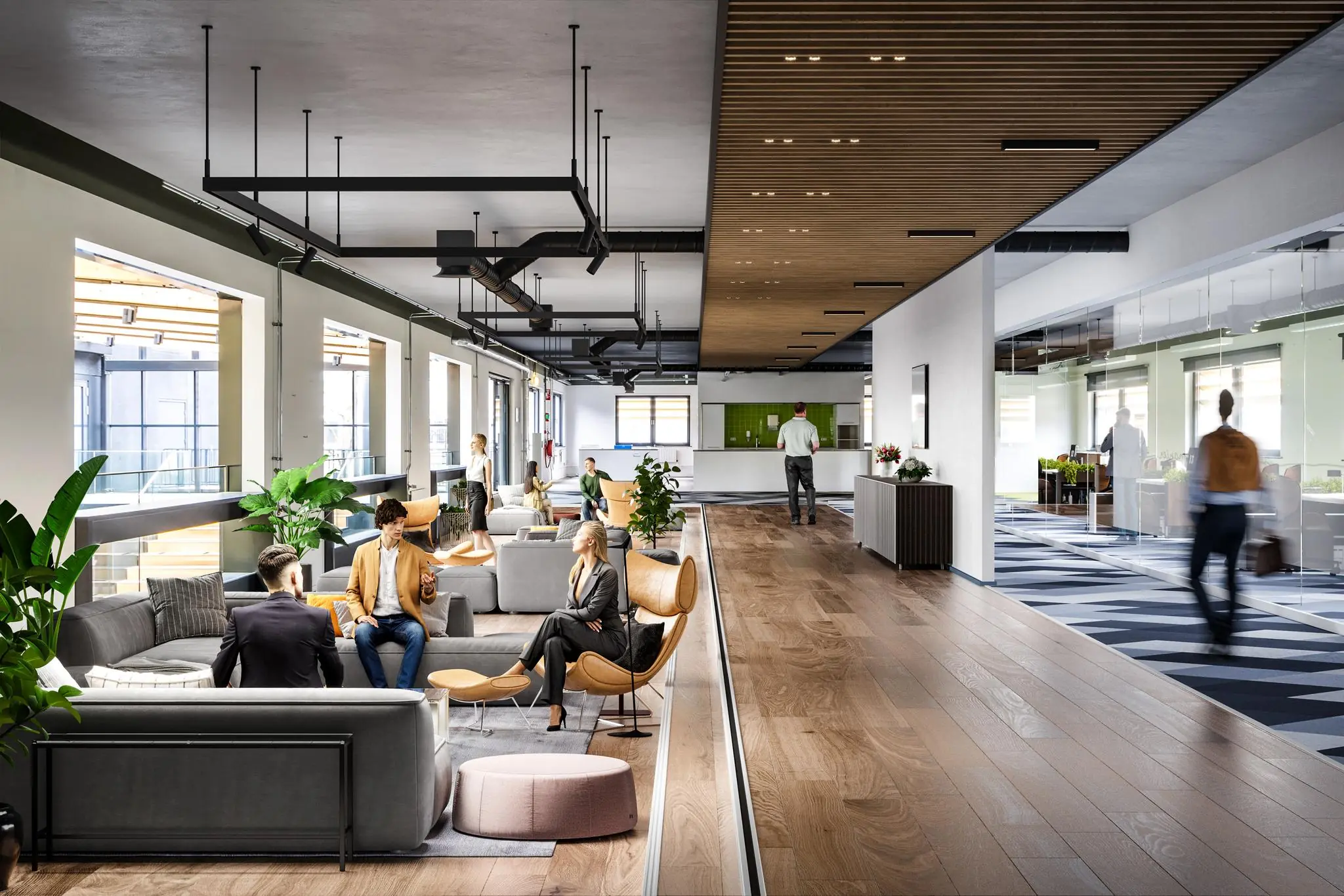 Moderne kantoorruimte aan de Laarderhoogtweg met loungegedeelte, houten vloer en glazen vergaderruimtes.