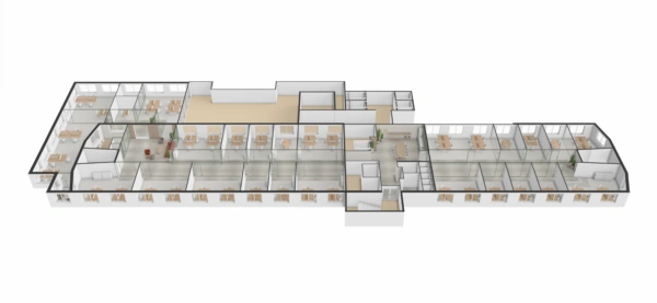 3D plattegrond van kantoorruimte aan de Basisweg met meerdere werkplekken, vergaderruimtes en glazen scheidingswanden.