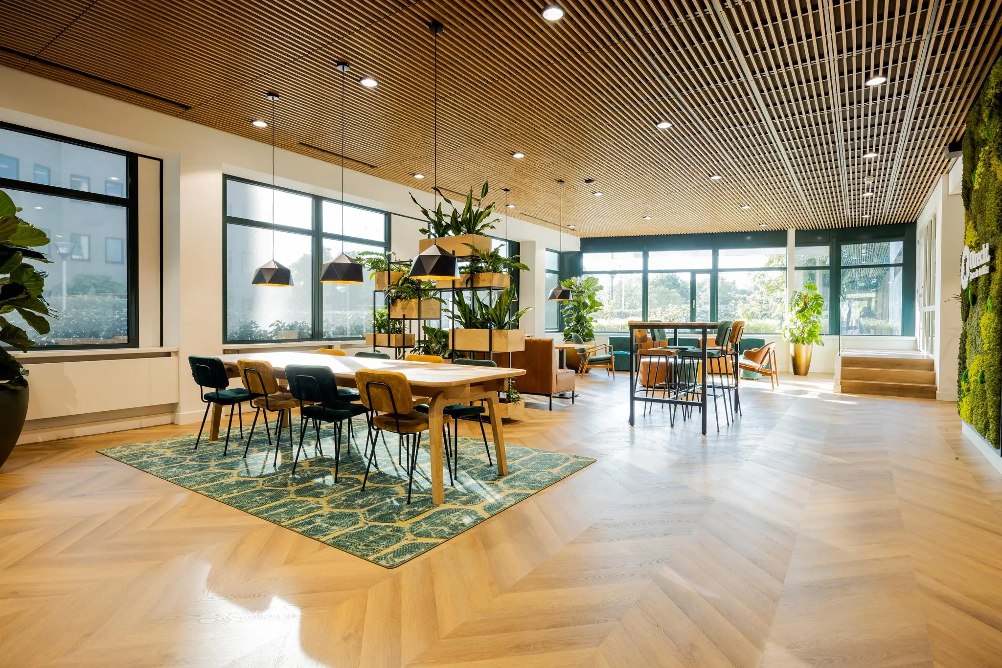 Modern ingerichte kantoorruimte aan de Euclideslaan met veel daglicht, houten vloer, groene planten en designmeubilair.